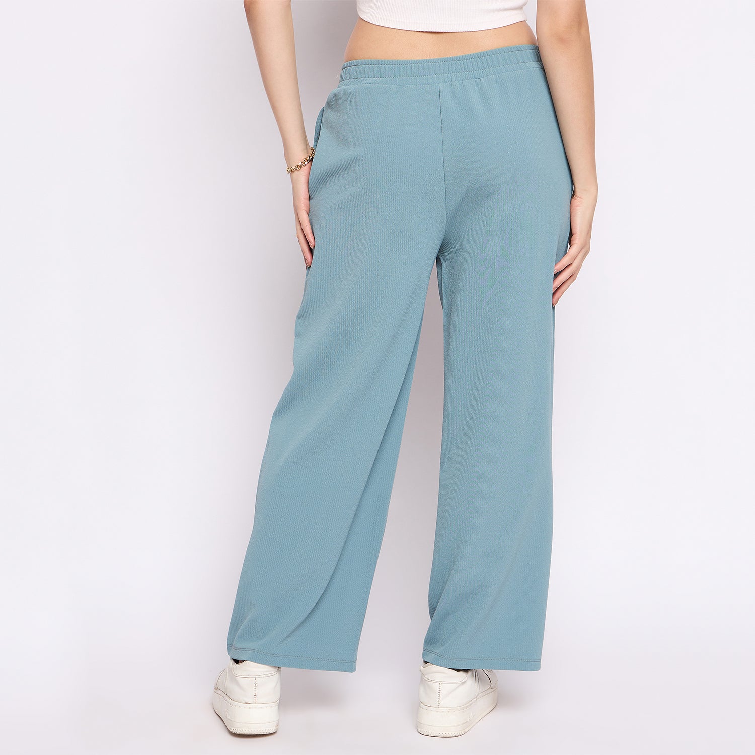 Women's Palazzo Pants with Pockets, Wide Leg, Ribbed Pattern, Elastic Waistband, Teal