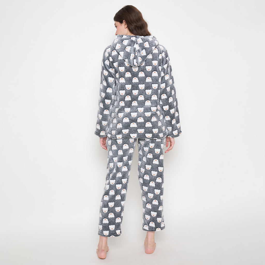 Women's Winter Glow in Dark Printed Full Sleeve Hooded Top, Pajama Pants with Pockets