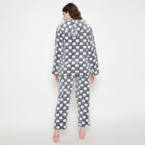 Women's Winter Glow in Dark Printed Full Sleeve Hooded Top, Pajama Pants with Pockets
