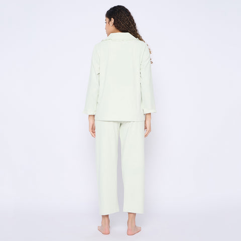 Women's Cotton Pajama Set, Long Sleeve Button-Down Shirt with Pants, Comfortable Sleepwear, Green