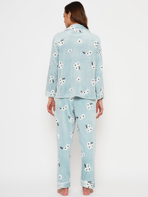 Women's Winter Velvet Full Sleeve Shirt and Pajama Pants Regular Fit Night Suit Shirt collar Top and Pyjama Set Ladies Night Dress