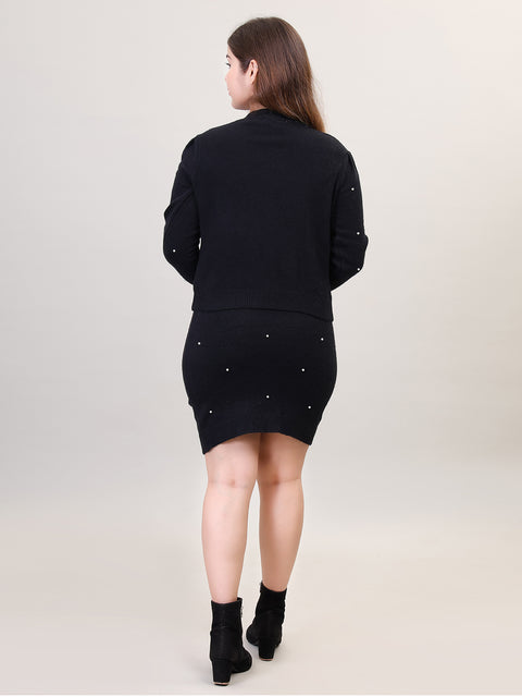 Women's Long Sleeve Round Neck woolen Black Skirt Set