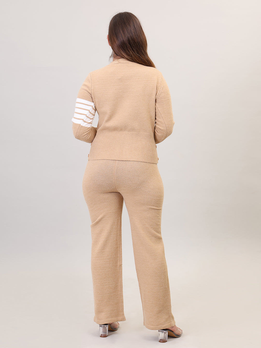 Women's Long Sleeve V-Neck open Button woolen Khaki Co-Ord Set