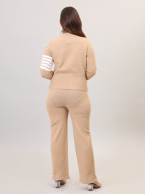 Women's Long Sleeve V-Neck open Button woolen Khaki Co-Ord Set