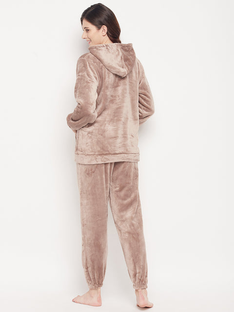 Women's Winter Full Sleeve Top and Pajama Pants Regular Fit Night Suit Hooded Top and Pyjama Set Ladies Night Dress