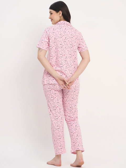 Women's Printed Nightsuit Pajama Set, Short Sleeve Button-Down Top with Pants, Cotton Nightwear, D.Pink