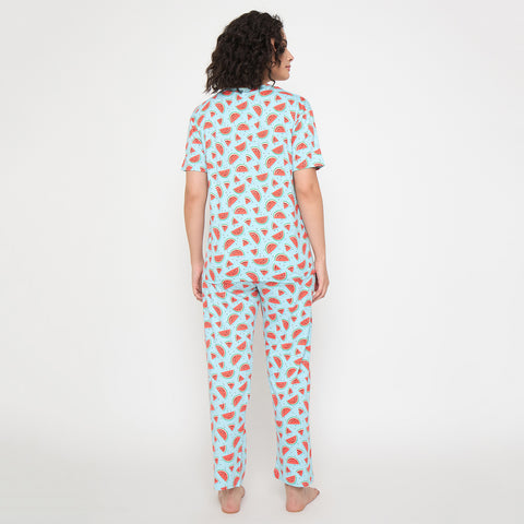 Budget-Friendly Camey Night Suit – Purchase Stylish Nightwear Online | Women's Printed Pyjama Set, Sky