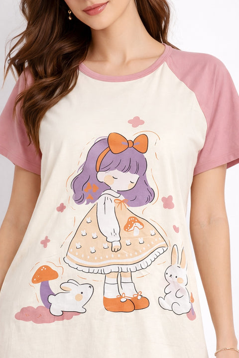 Women's short Nighty, Nightgown, Printed Pattern, Short Sleeve Sleep Dress