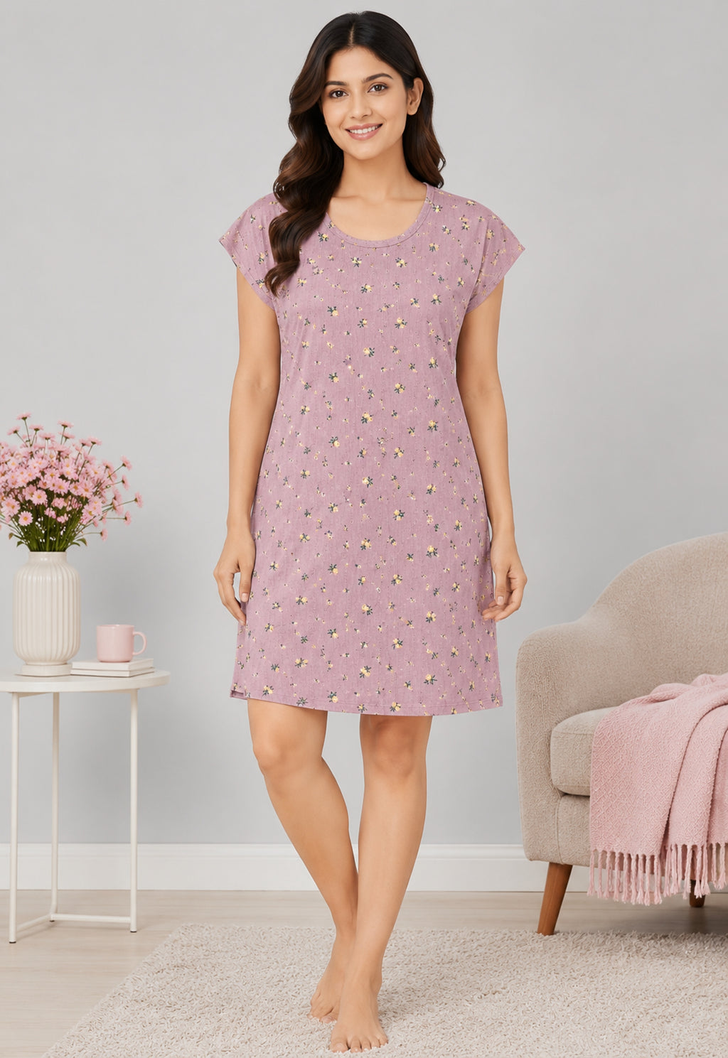 Women’s Knee Length Nighty | Soft Comfortable Sleepwear | Cap Sleeve Short Night Dress
