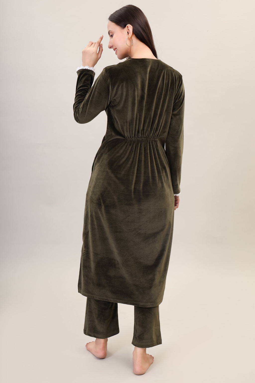 Women's Velvet Winter Corduroy Kurti Set, V-Neck, Long Sleeves (Olive)