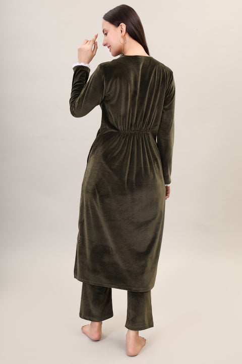 Women's Velvet Winter Corduroy Kurti Set, V-Neck, Long Sleeves (Olive)