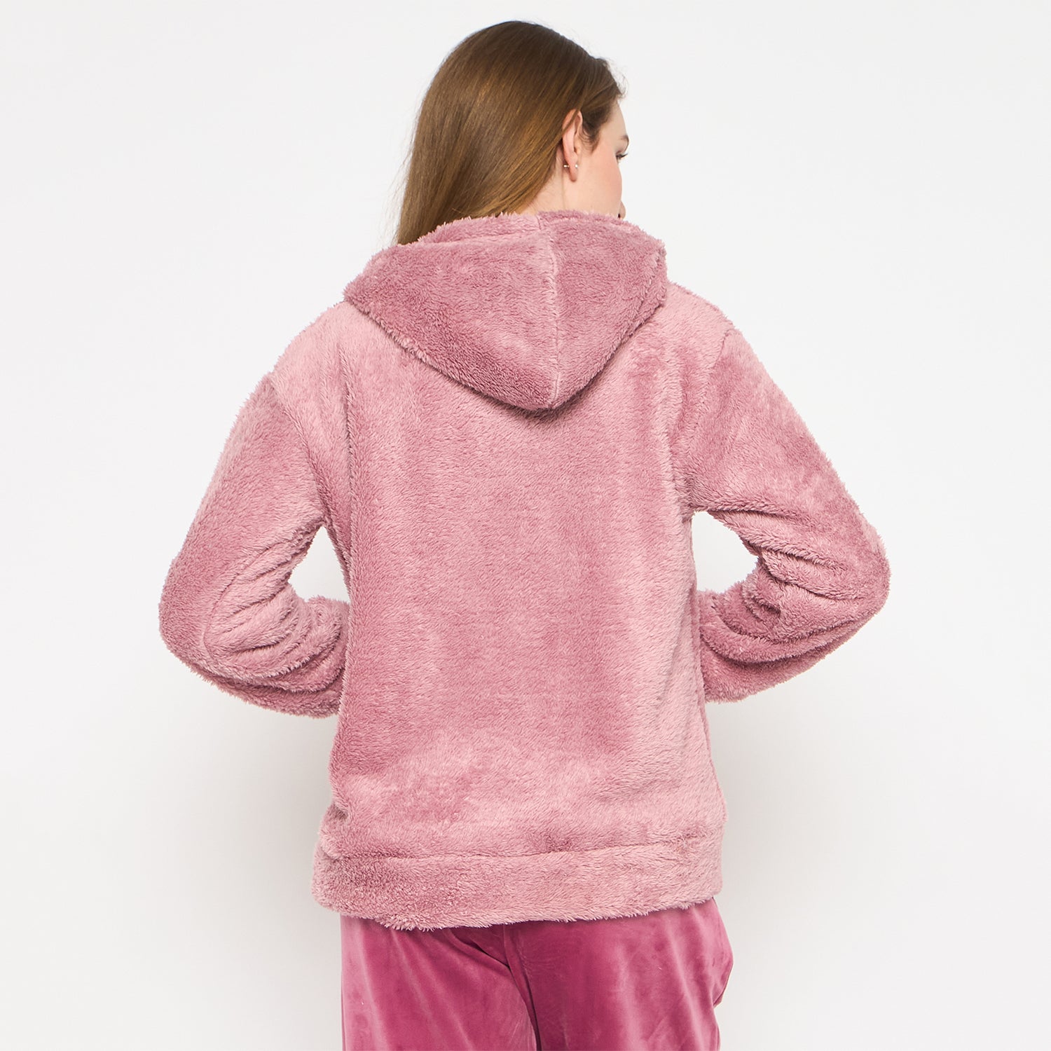 Women Solid Hooded Sherpa Fleece Sweatshirt