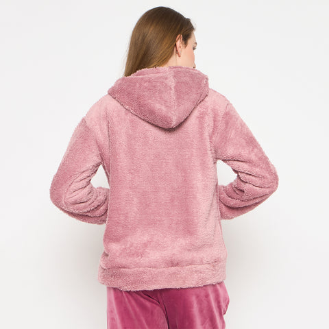 Women Solid Hooded Sherpa Fleece Sweatshirt