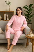 Camey Women Fleece Winter Night Suit Set | Cable Knit Textured Night Suit