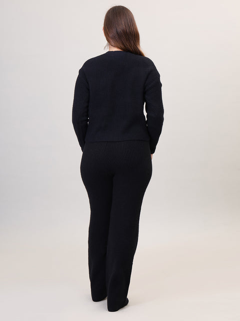 Women's Long Sleeve V-Neck Open Button woolen Black Co-Ord Set