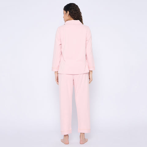 Cotton Pajama Set for Women, Long Sleeve Button-Down Top with Bow Pockets and Full-Length Pants, Pink