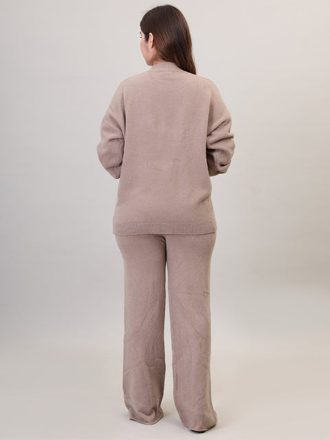 Women's Long Sleeve Round Neck woolen Khaki Co-Ord Set