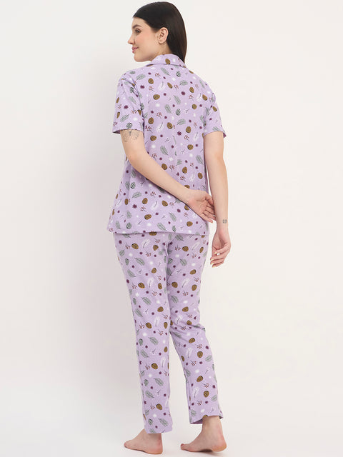 Women's Printed Nightsuit Pajama Set, Short Sleeve Button-Down Top with Pants, Cotton Nightwear, Purple
