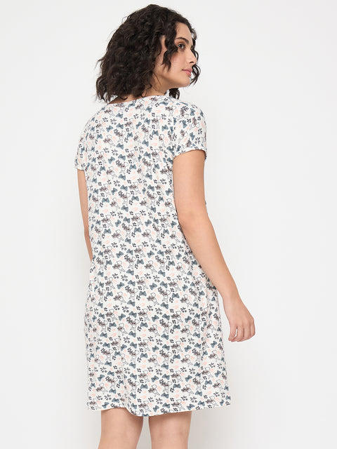 Women's Printed Nightgown, Short Sleeve Sleep Dress, Short Length, Short Nighty, White Grey