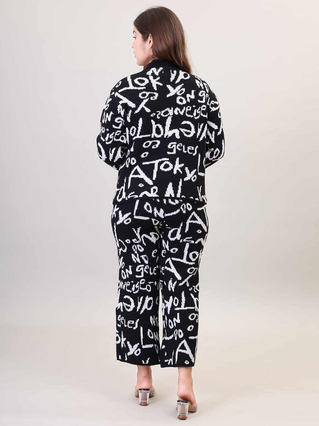 Women's Long Sleeve Round Neck woolen Black Co-Ord Set