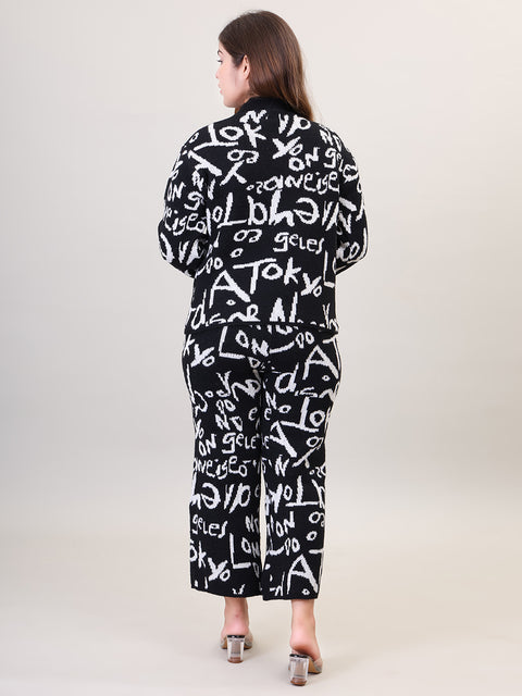 Women's Long Sleeve Round Neck woolen Black Co-Ord Set