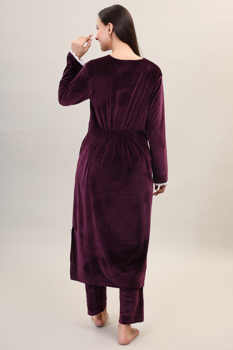 Women's Velvet Winter Corduroy Kurti Set, V-Neck, Long Sleeves (Maroon)