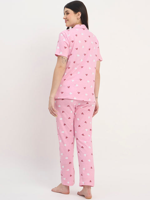 Women's Printed Nightsuit Pajama Set, Short Sleeve Button-Down Top with Pants, Cotton Nightwear, Pink