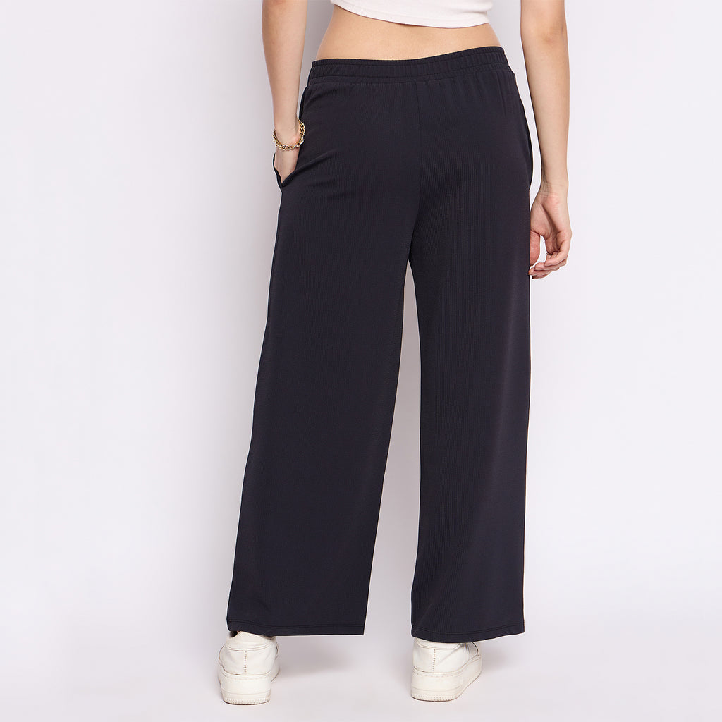 Women's Palazzo Pants with Pockets, Wide Leg, Ribbed Pattern, Elastic Waistband, Navy