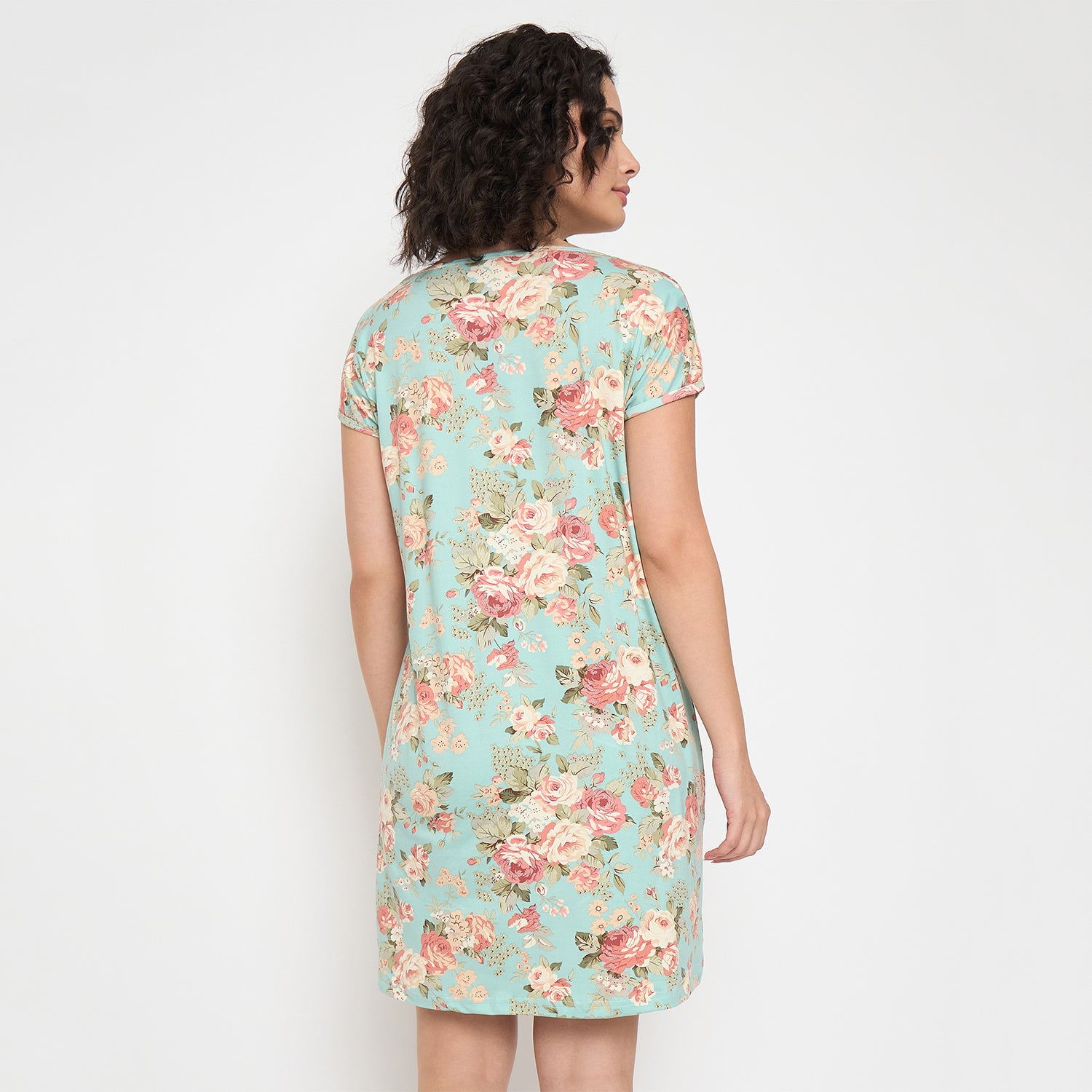 Shop Camey Nighty for Women – Comfort Meets Style |Women's Printed Nightgown, Short Sleeve Sleep Dress, Short Length, Short Nighty, Sky Pink