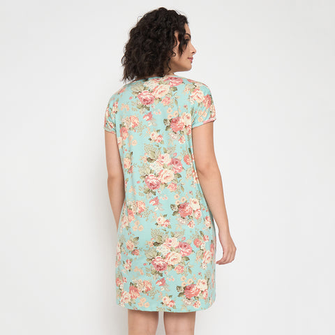 Shop Camey Nighty for Women – Comfort Meets Style |Women's Printed Nightgown, Short Sleeve Sleep Dress, Short Length, Short Nighty, Sky Pink