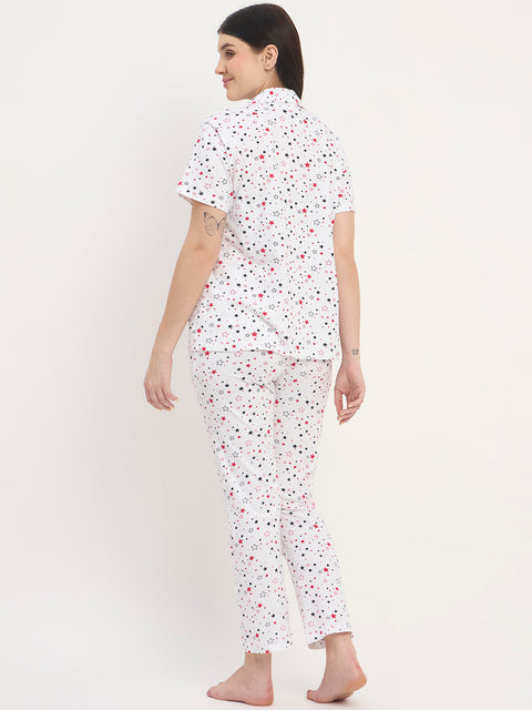 Women's Printed Nightsuit Pajama Set, Short Sleeve Button-Down Top with Pants, Cotton Nightwear, White