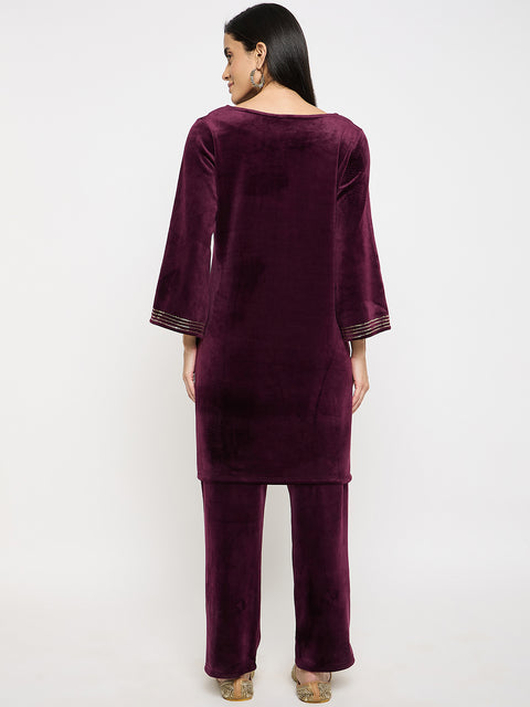 Women's Velvet Winter Kurti Set, Long Sleeves|Winter Velvet Kurti & Pajama Set