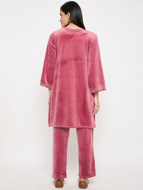 Women's Velvet Winter Kurti Set, Long Sleeves|Winter Velvet Kurti & Pajama Set