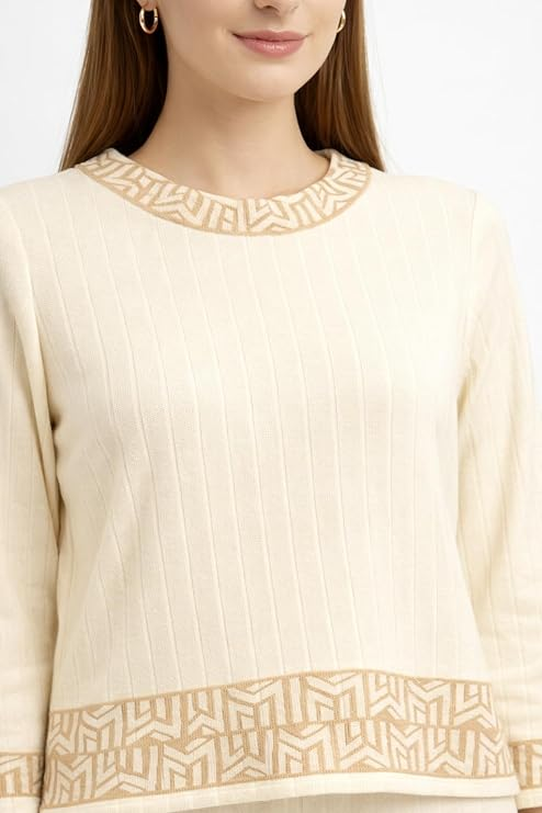 CAMEY Women's Wool Lounge Wear Set, Full Sleeve Ribbed Top with Relaxed Fit Pants, Geometric Trim Detail, Warm Winter Co-Ord Nightwear