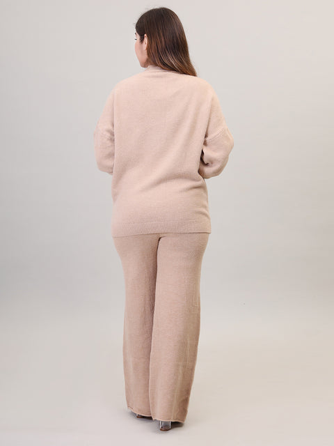 Women's Long Sleeve Round Neck woolen Beige Co-Ord Set