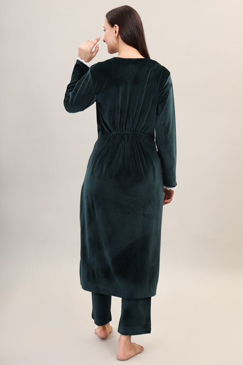 Women's Velvet Winter Corduroy Kurti Set, V-Neck, Long Sleeves (Green)