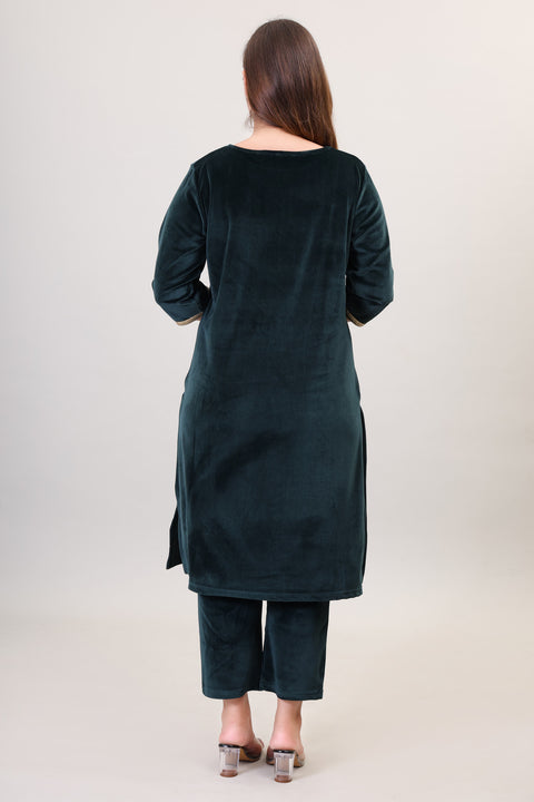 Women's Velvet Winter Embroidered Corduroy Kurti Set, Long Sleeves (Green)