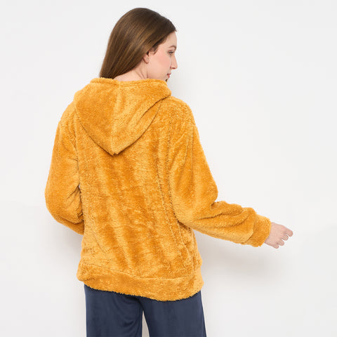 Women Solid Hooded Sherpa Fleece Sweatshirt