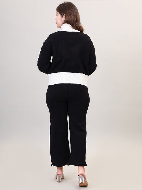 Women's Long Sleeve High Neck woolen Black Co-Ord Set