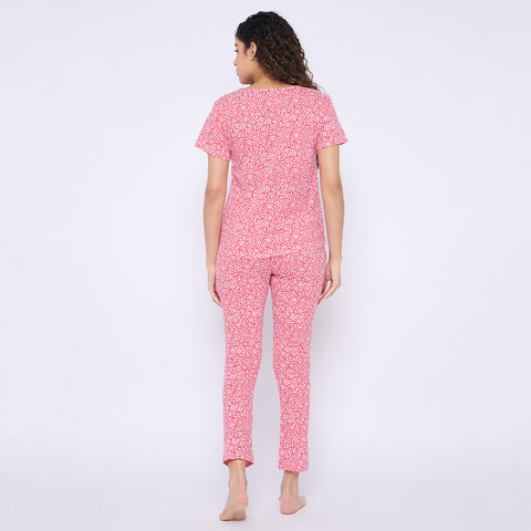 Women's Printed Pyjama Set with pockets, Red