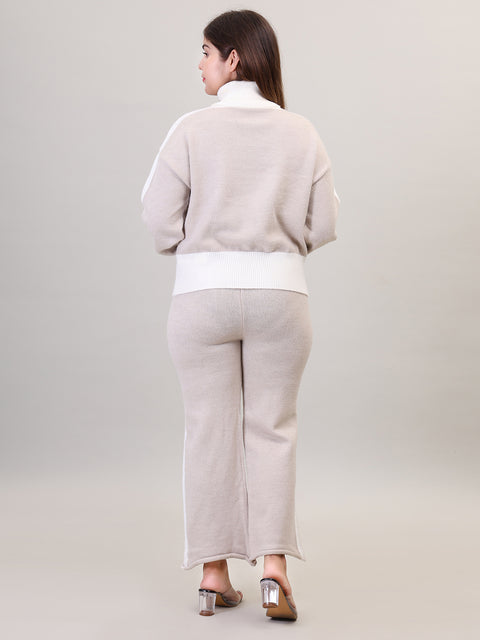 Women's Long Sleeve High Neck woolen Beige Co-Ord Set