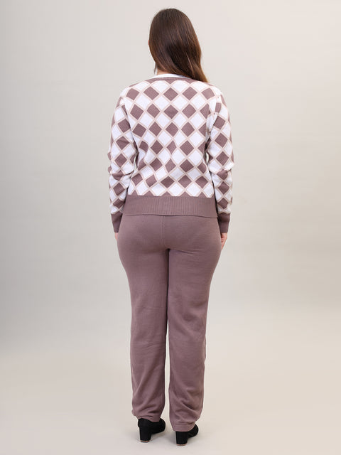 Women's Long Sleeve Round Neck Open Button woolen Brown Co-Ord Set