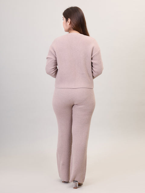 Women's Long Sleeve V-Neck Open Button woolen Beige Co-Ord Set