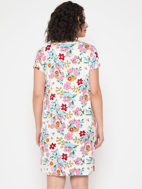 Women's Printed Nightgown, Short Sleeve Sleep Dress, Short Length, Short Nighty, White Red