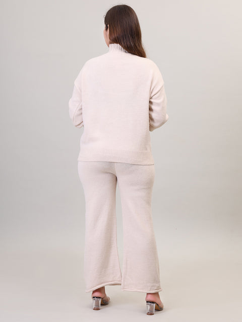 Women's Long Sleeve High Neck woolen Beige Co-Ord Set