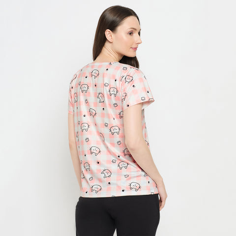 Women Polyester Elastane Printed Short Sleeves Round Neck T-Shirt