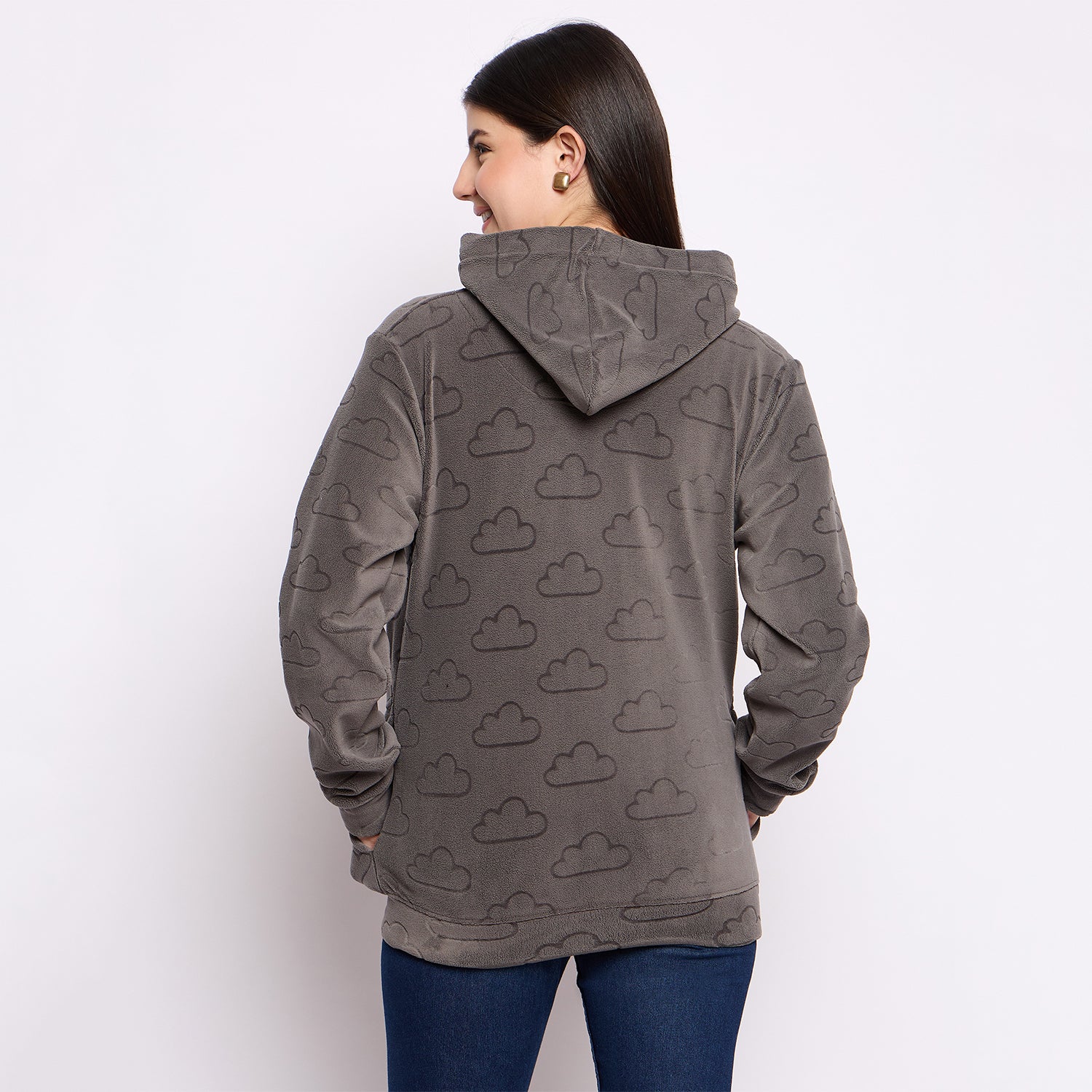Women’s Embossed Fabric Auli Laser Cut Pattern Hoodie Sweatshirt – Full Sleeve, Zipper Front