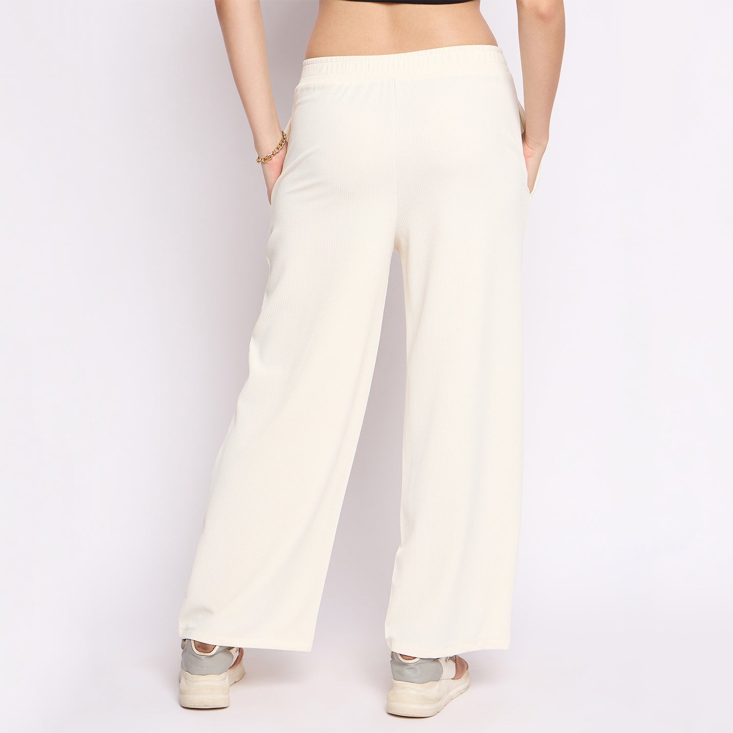 Women's Palazzo Pants with Pockets, Wide Leg, Ribbed Pattern, Elastic Waistband, Cream