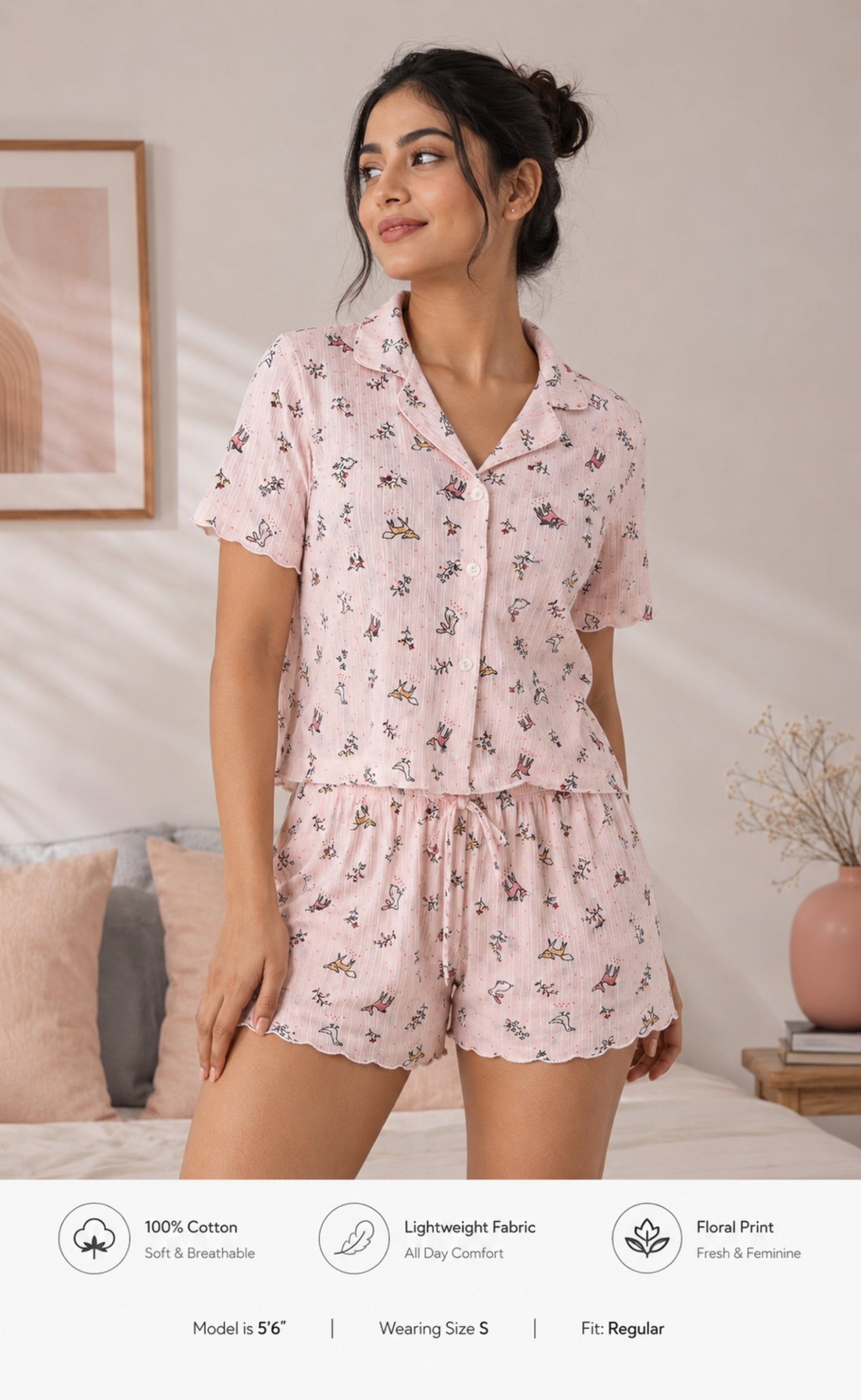Women Night Suit, Loose Fit Short Set, Shirt & Short Loungewear, Printed Co-Ord, Stretch Fabric