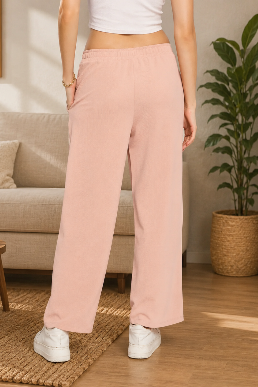 Women's Palazzo Pants with Pockets, Wide Leg, Ribbed Pattern, Elastic Waistband, Pink